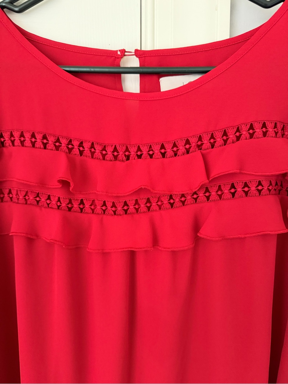 LOFT Red Ruffled Long-Sleeve Blouse - Picture 2 of 6